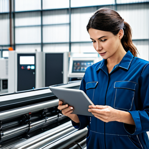 Home 14 **
A professional female engineer in a fully clothed, modest jumpsuit, standing in a modern, well-lit factory filled with advanced machinery. She is holding a tablet displaying complex schematics. The scene emphasizes technological advancement and precision engineering in a safe and appropriate working environment. Perfect anatomy, correct proportions, well-formed hands, proper finger count, natural pose. Safe for work, appropriate content, family-friendly, professional setting.
**