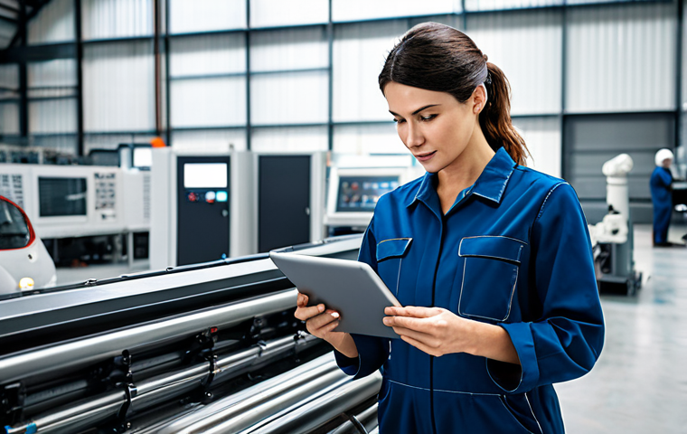 **

A professional female engineer in a fully clothed, modest jumpsuit, standing in a modern, well-lit factory filled with advanced machinery. She is holding a tablet displaying complex schematics.  The scene emphasizes technological advancement and precision engineering in a safe and appropriate working environment. Perfect anatomy, correct proportions, well-formed hands, proper finger count, natural pose. Safe for work, appropriate content, family-friendly, professional setting.

**