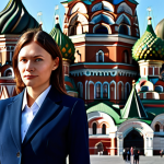 **

"A professional businesswoman in a modest, dark blue business suit, standing confidently in front of the iconic Saint Basil's Cathedral in Moscow, fully clothed, appropriate attire, safe for work, perfect anatomy, natural proportions, professional photography, high quality, daytime, clear sky."

**