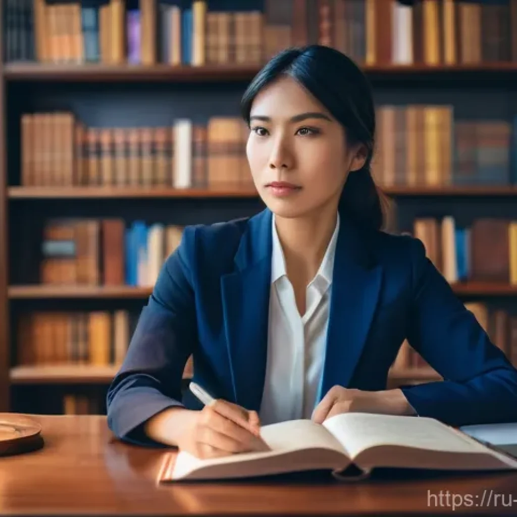국제통역사 자격 취득의 어려움 - **Prompt:** A focused, professional female translator, mid-30s, with a thoughtful expression, seated...