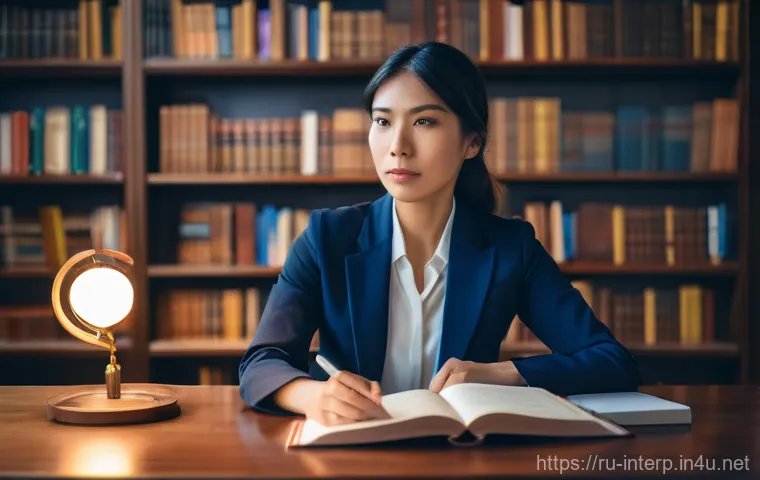 국제통역사 자격 취득의 어려움 - **Prompt:** A focused, professional female translator, mid-30s, with a thoughtful expression, seated...