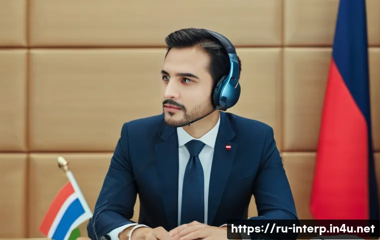 통역사 실무 사례 분석 - A professional interpreter at a high-level diplomatic negotiation table, wearing formal business att...