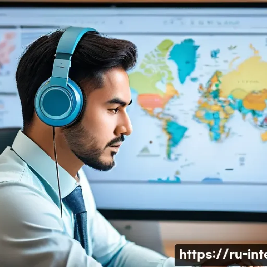 국제통역사 이론 시험 준비 - A professional multilingual translator working diligently in a modern office environment filled with...
