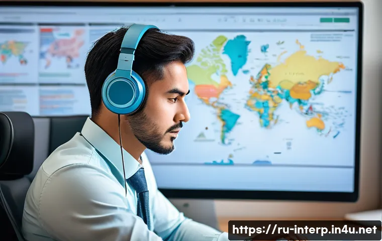 국제통역사 이론 시험 준비 - A professional multilingual translator working diligently in a modern office environment filled with...