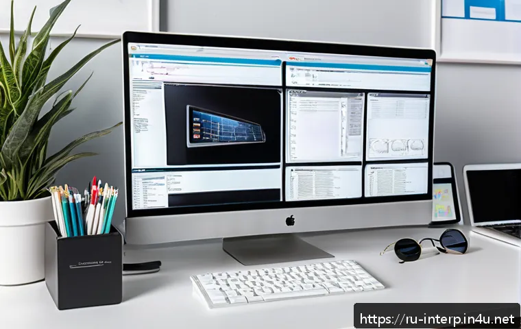 국제통역사 자기 개발 - A modern professional translator working at a sleek, organized home office desk with multiple monito...