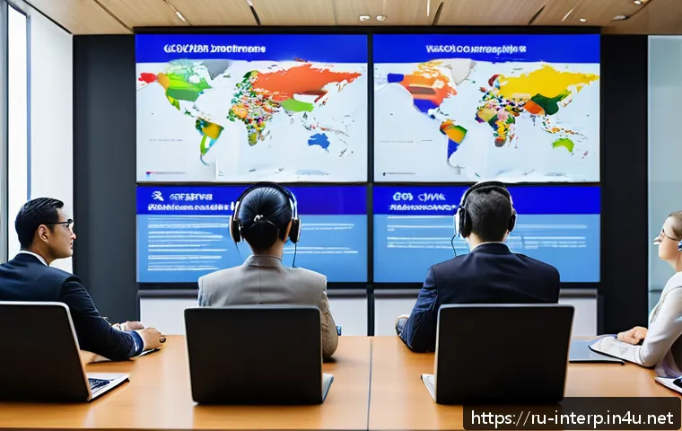 국제통역사 업무 사례 - A professional conference scene showing a diverse group of international businesspeople engaged in a...