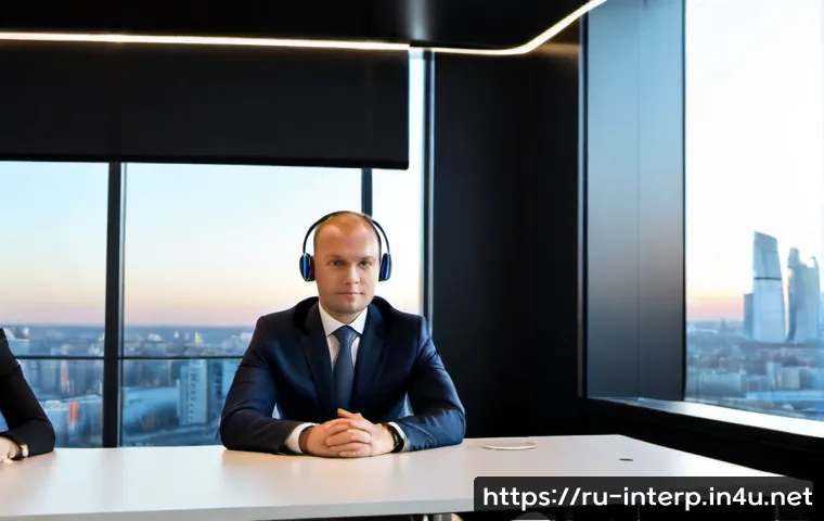 국제통역사 자격증 취득 후 장점 - Photorealistic international interpreter confidently facilitating a business meeting in a modern Mos...