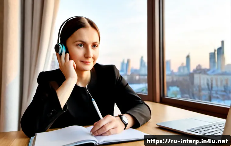 통역사의 진로 변경 팁 - Photorealistic career transition scene in a modern Moscow apartment workspace, a thoughtful middle-a...
