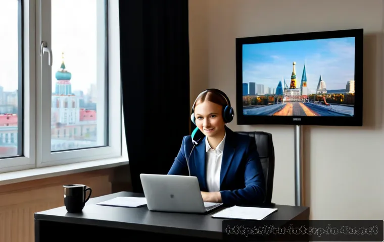 국제통역사 채용 트렌드 - Photorealistic modern Moscow recruitment office, experienced Russian interpreter candidate wearing a...